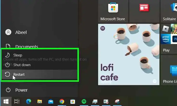 Restart button Windows start menu