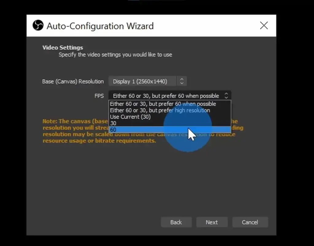 Selecting video settings in the wizard
