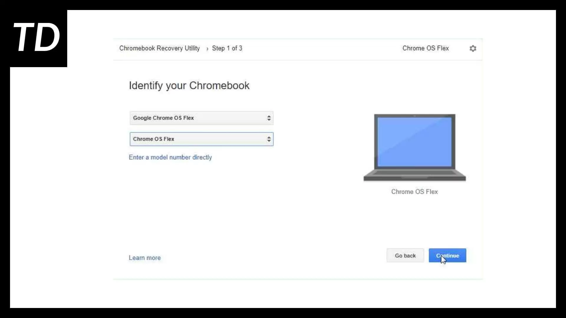 Chrome Recovery Utility showing Chrome OS Flex selection in the model list