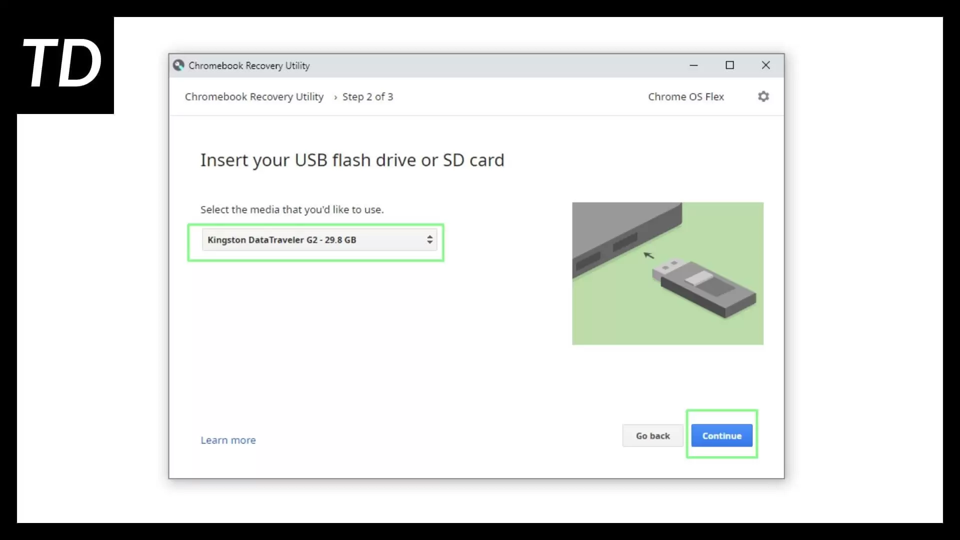 Chrome Recovery Utility shows USB selection option
