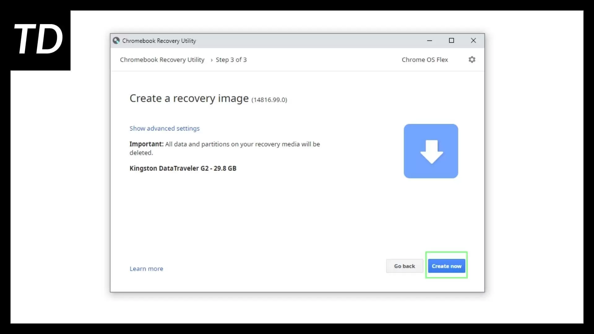 Chrome Recovery Utility showing prompt to write Chrome OS on the bootable USB