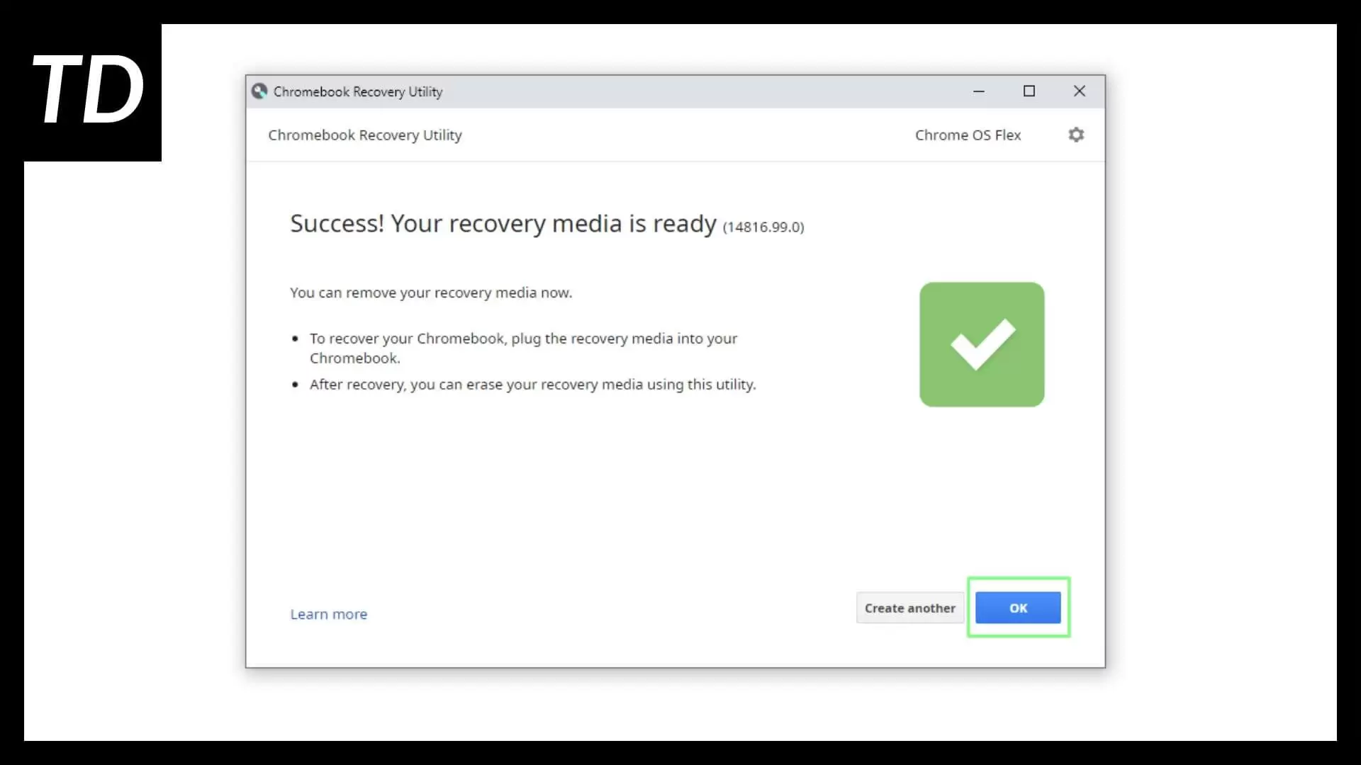 Chrome Recovery Utility showing bootable USB is ready