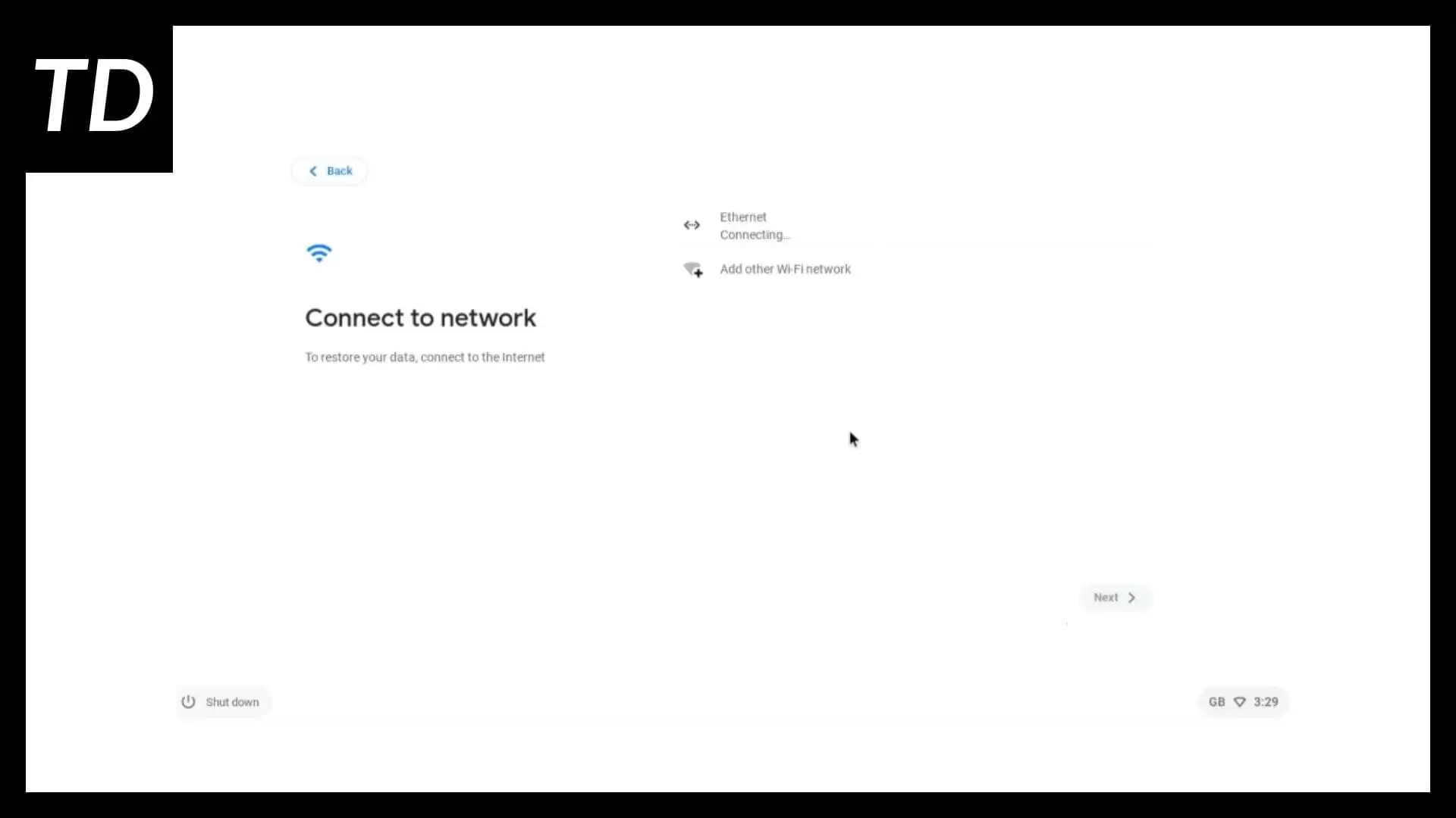 Chrome OS Flex showing prompt to connect to WiFi or Ethernet
