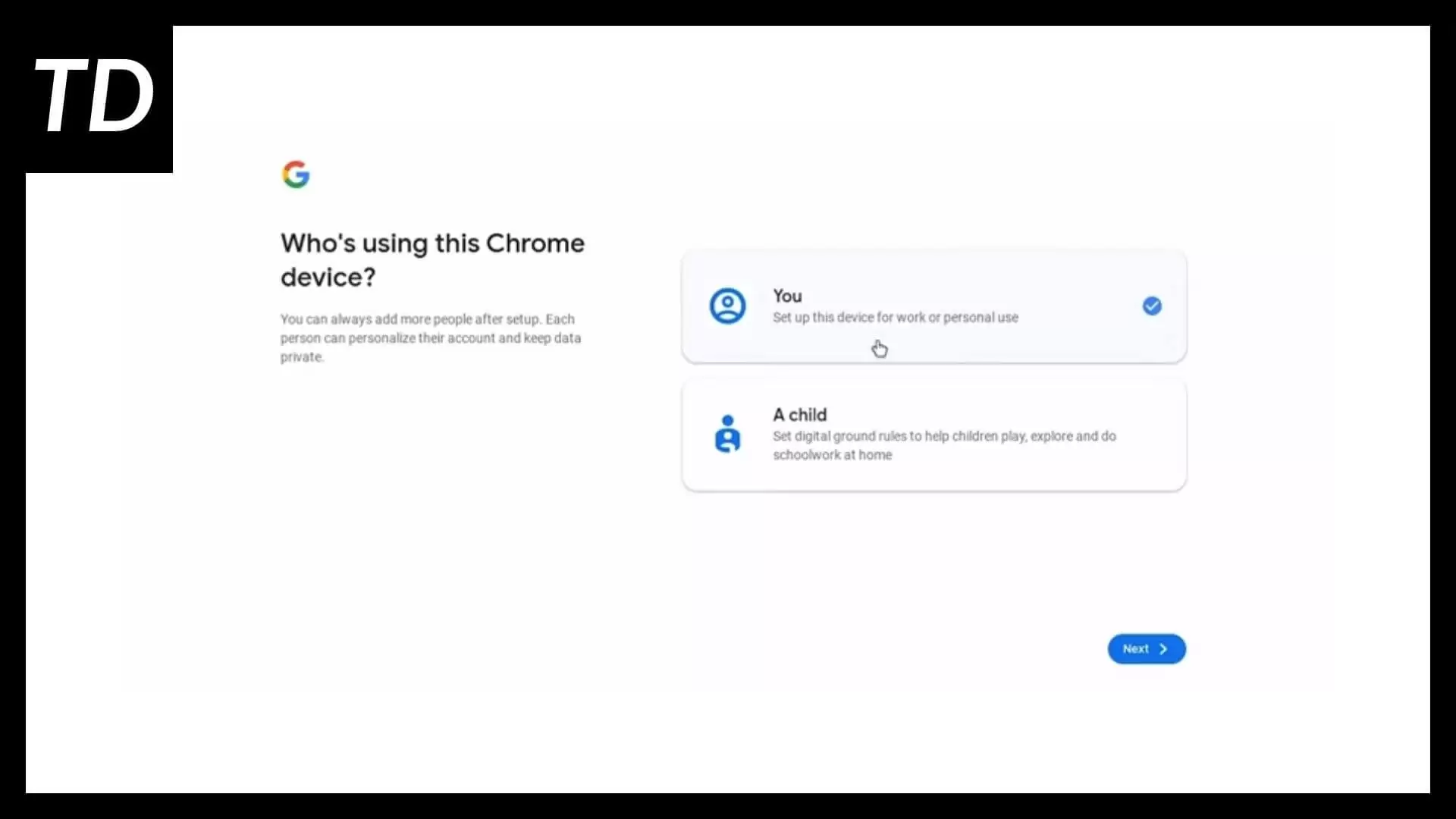 Chrome OS Flex prompting to setup a normal account or a child account