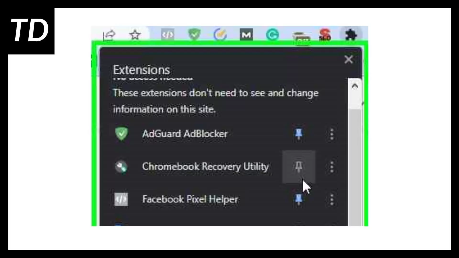 Extension menu showing all the installed extensions including Chrome Recovery Utility